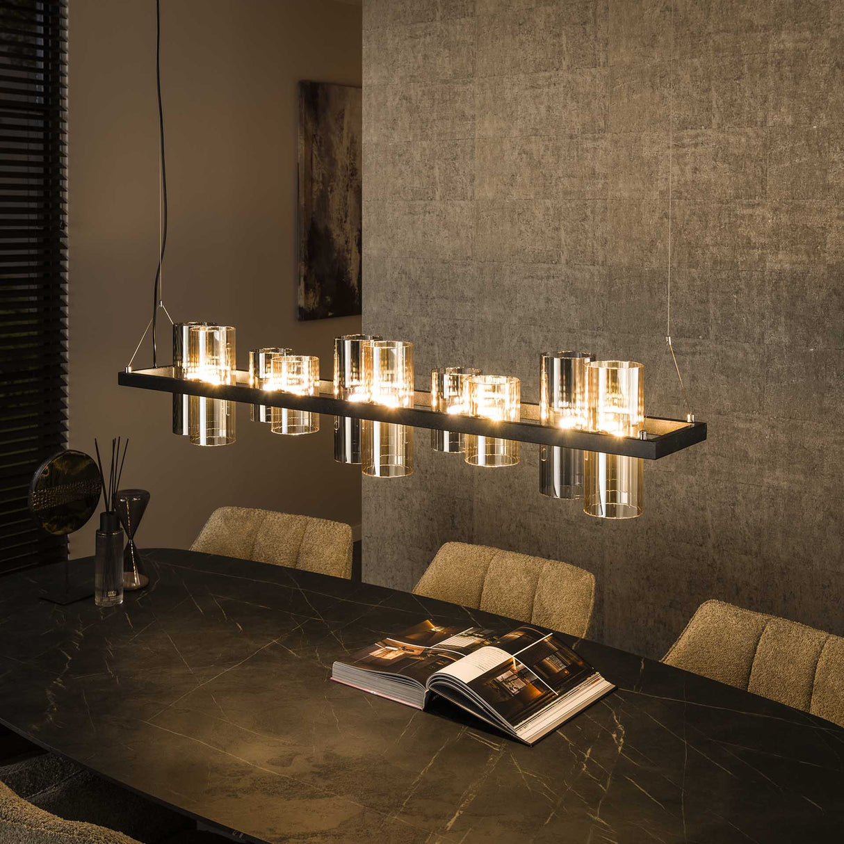 Lámpara colgante Khai de 10 luces cilindro vidrio mezclado