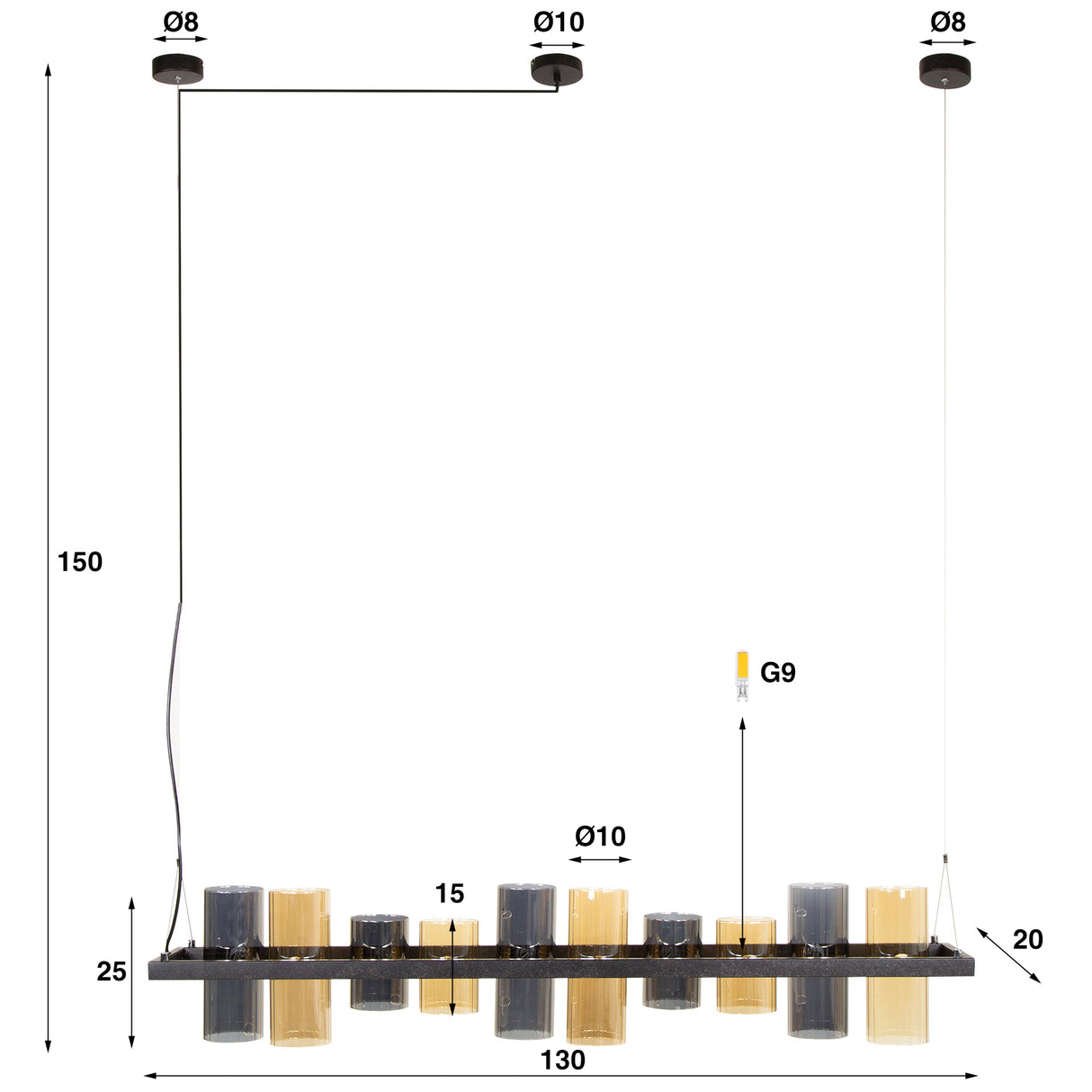 Lámpara colgante Khai de 10 luces cilindro vidrio mezclado