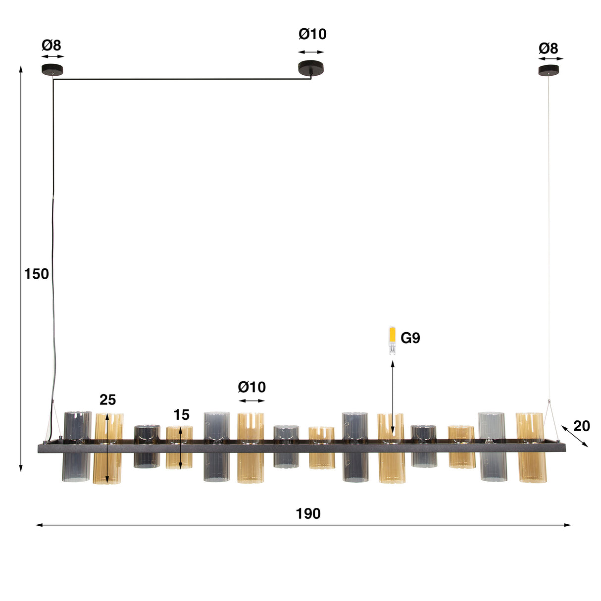 Lámpara colgante Khai 14 luces cilindro vidrio mezclado