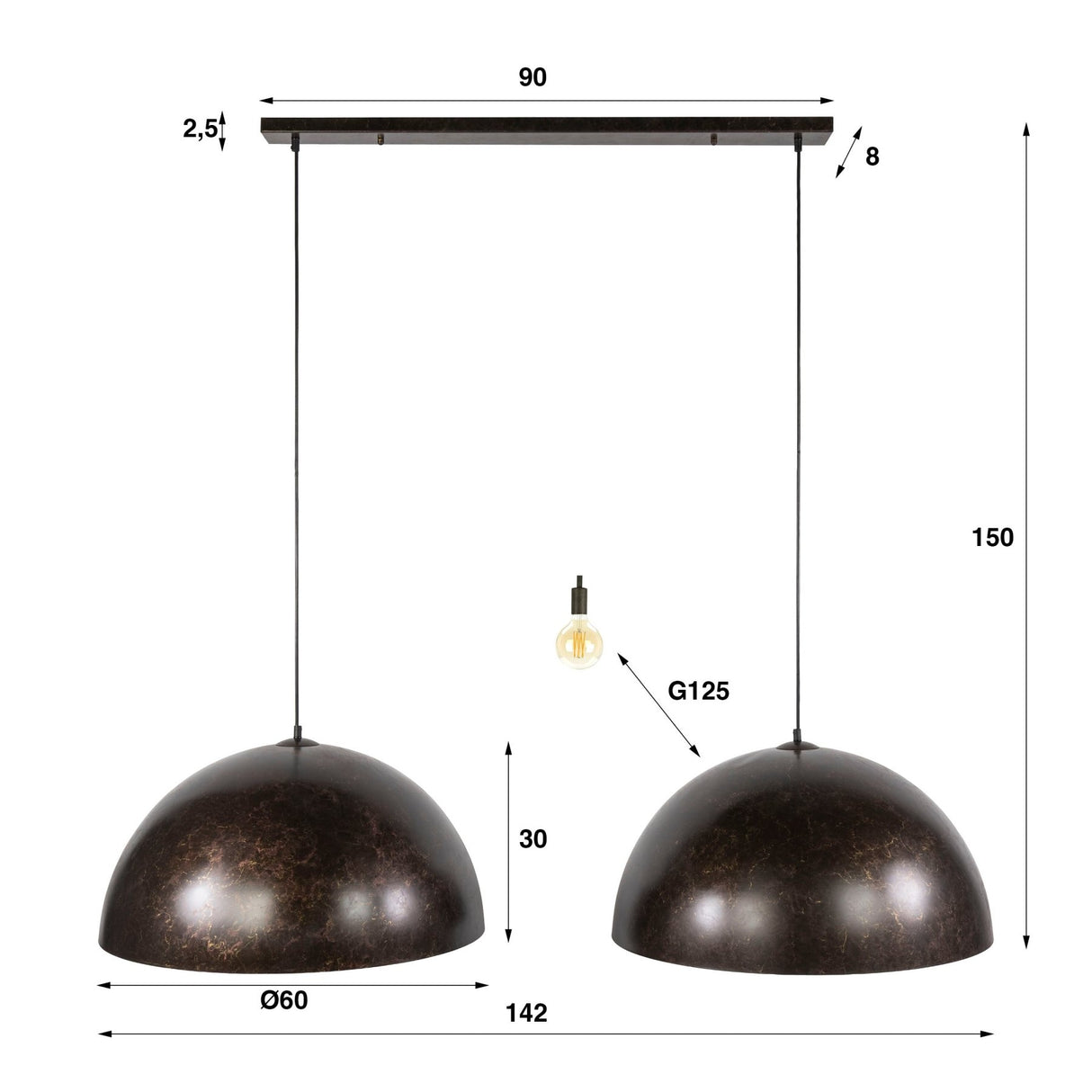 Lámpara colgante industrial Dacia 2 luces Marrón Redonda 2xØ60 cm