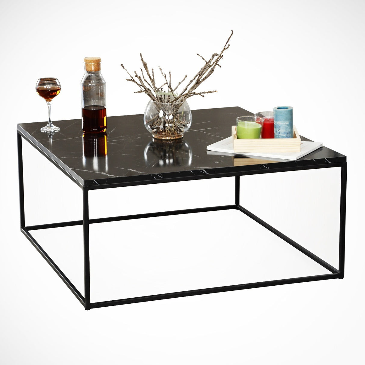 Mesa de salón cuadrada 75x75 cm Pola - Look de mármol negro Melamina