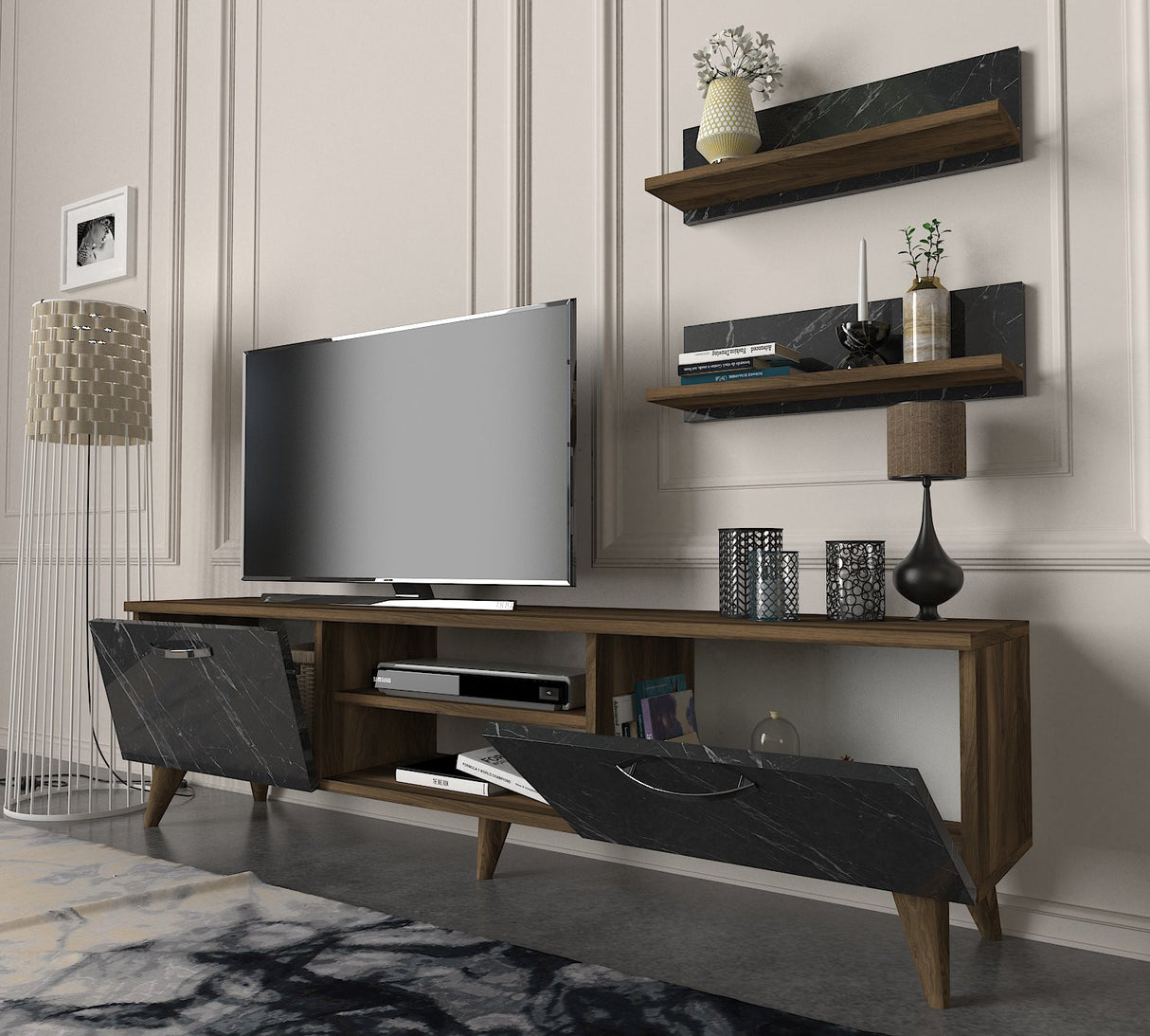 TV Meubels - TV Meubel Set Ayden Walnoot Marmer Melamine 150x40,6x29,5 cm - Dimehouse