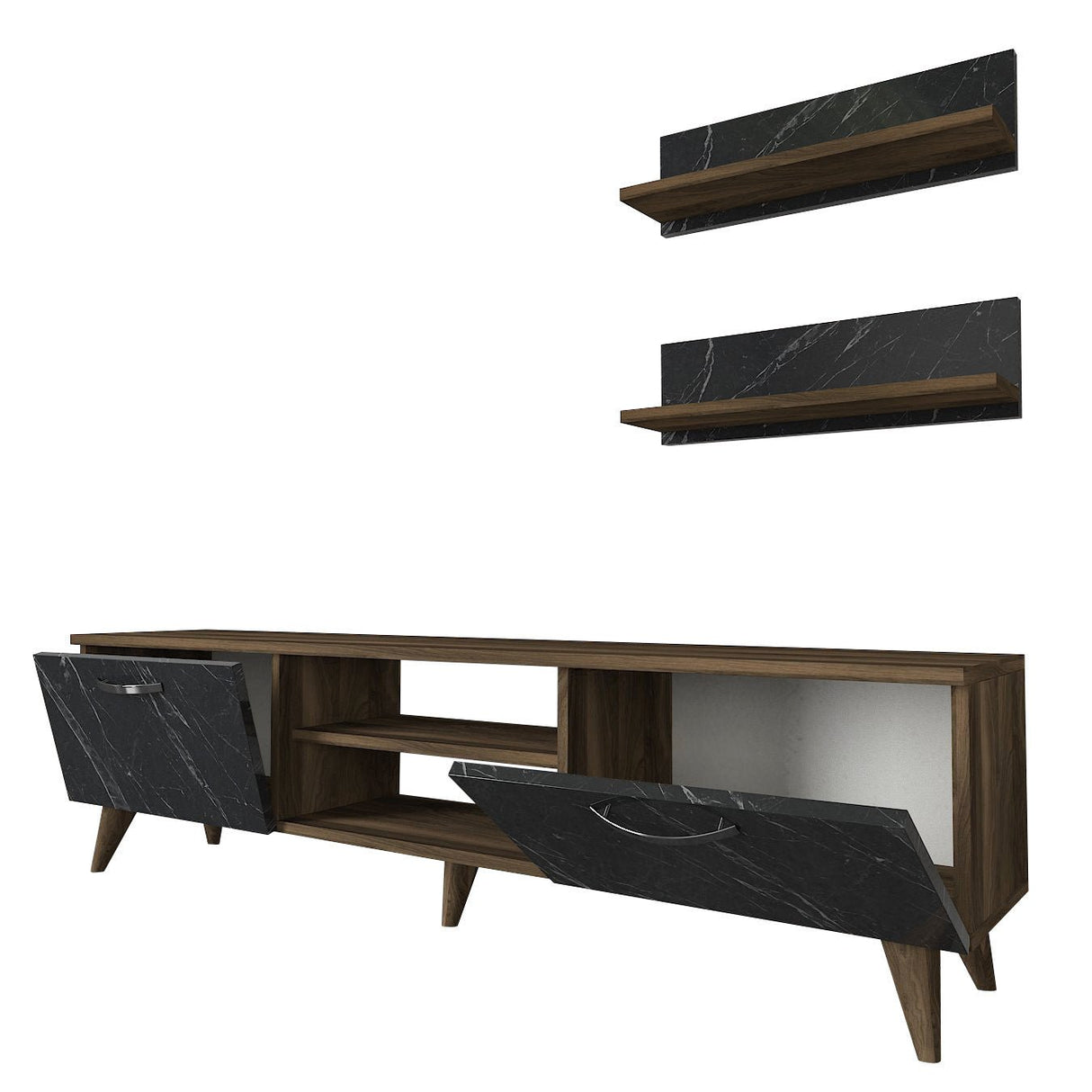TV Meubels - TV Meubel Set Ayden Walnoot Marmer Melamine 150x40,6x29,5 cm - Dimehouse