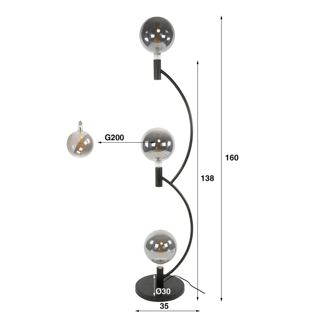 Lámpara de pie Niro de 3 luces en negro