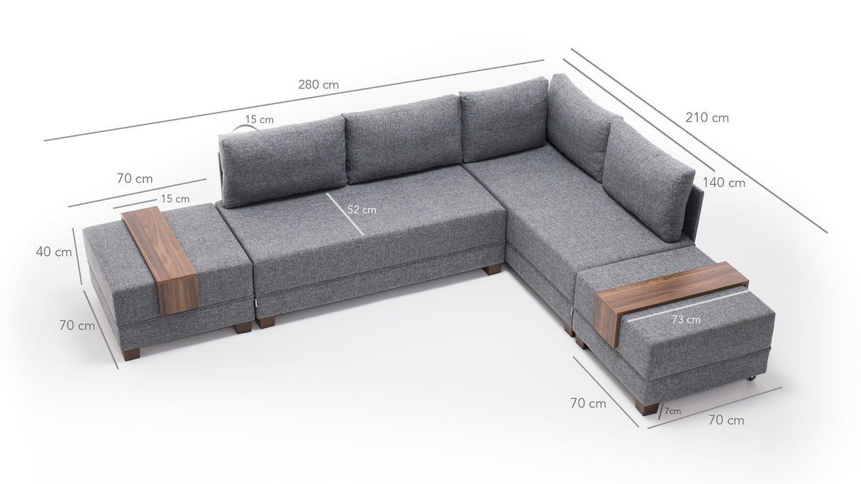 Sofá cama tela gris - XXL 280 x 210 - Derecha - Fly