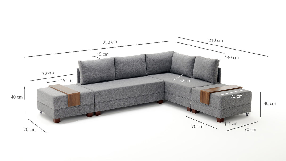 Sofá cama tela gris - XXL 280 x 210 - Derecha - Fly