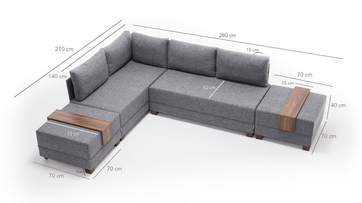 Sofá cama tela gris - XXL 280 x 210 - Izquierdo - Fly