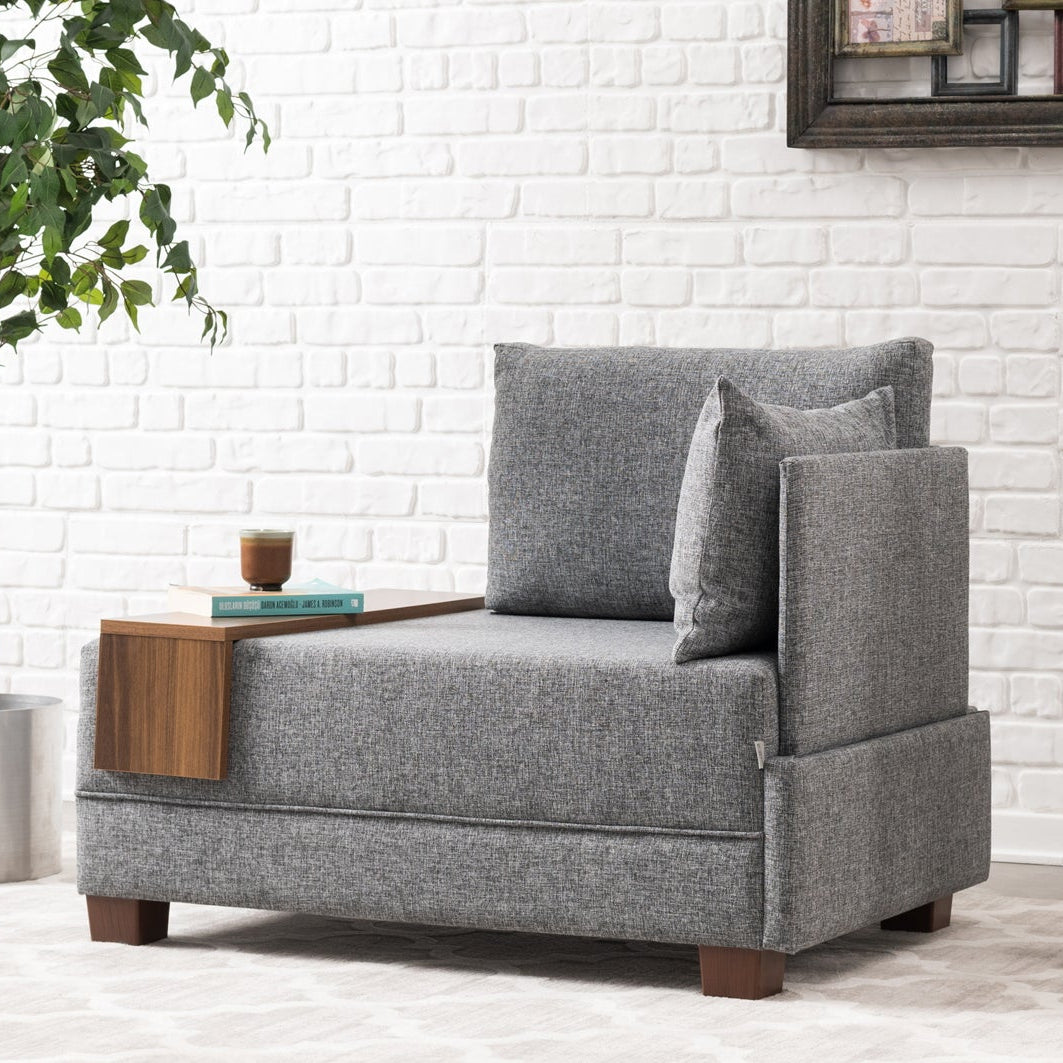 Sillón Moderno De Tela Gris Fly - Derecha - Con Mesa De Madera