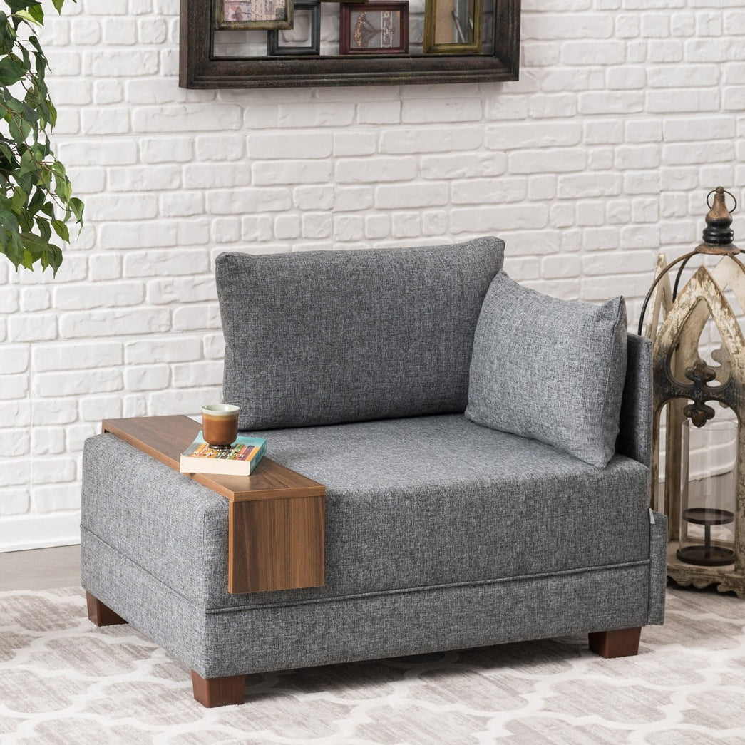 Sillón Moderno De Tela Gris Fly - Derecha - Con Mesa De Madera