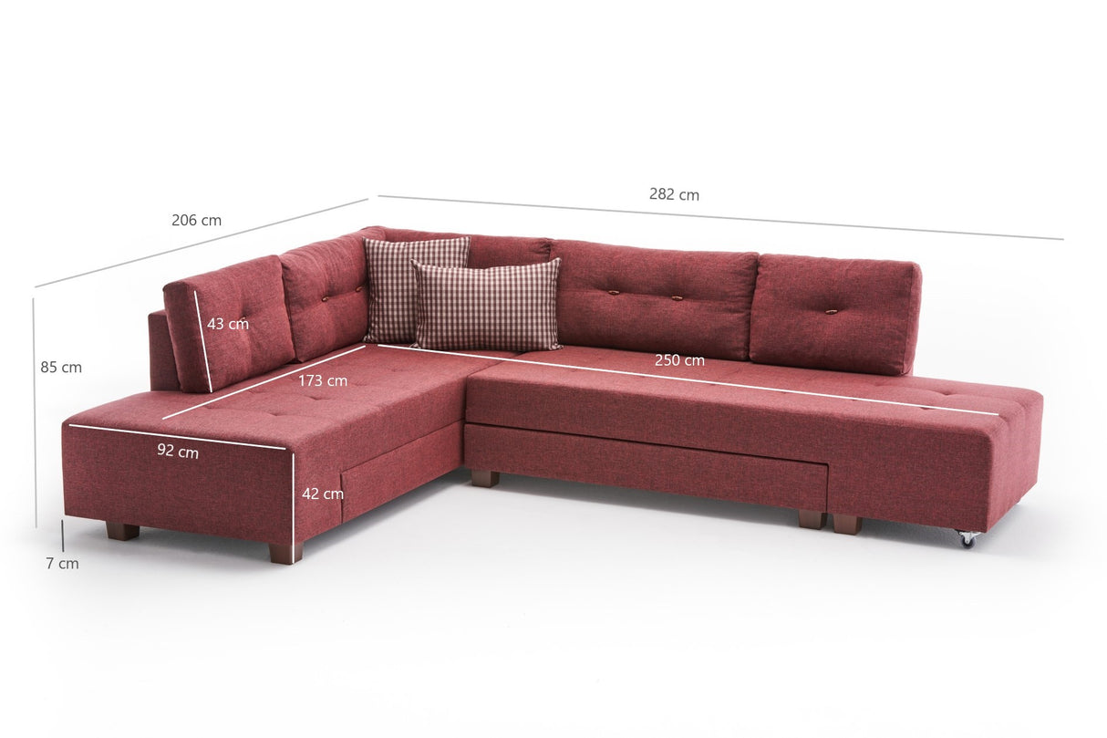 Sofá cama tela rojo - XL 280x206 cm - con ruedas - Izquierdo - Manama