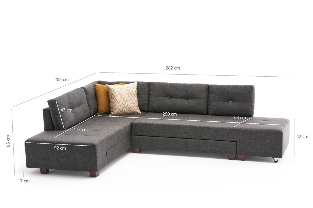 Sofá cama tela antracita - XL 280x206 cm - con ruedas - Izquierdo - Manama