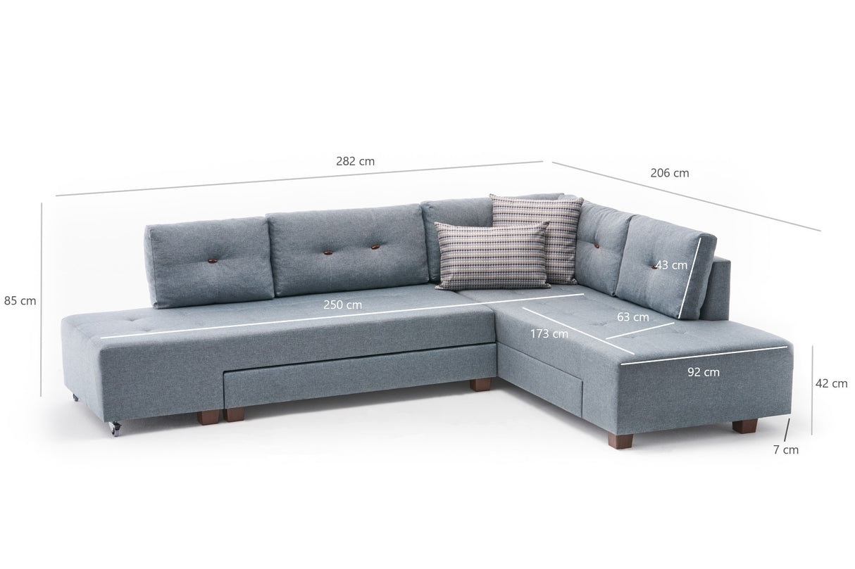 Banken - Slaapbank lichtblauw stof - XL 280x206 cm - met wielen - Rechts - Manama - Dimehouse