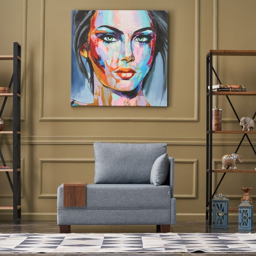 Sillón Moderno De Tela Azul Fly - Derecha - Con Mesa De Madera