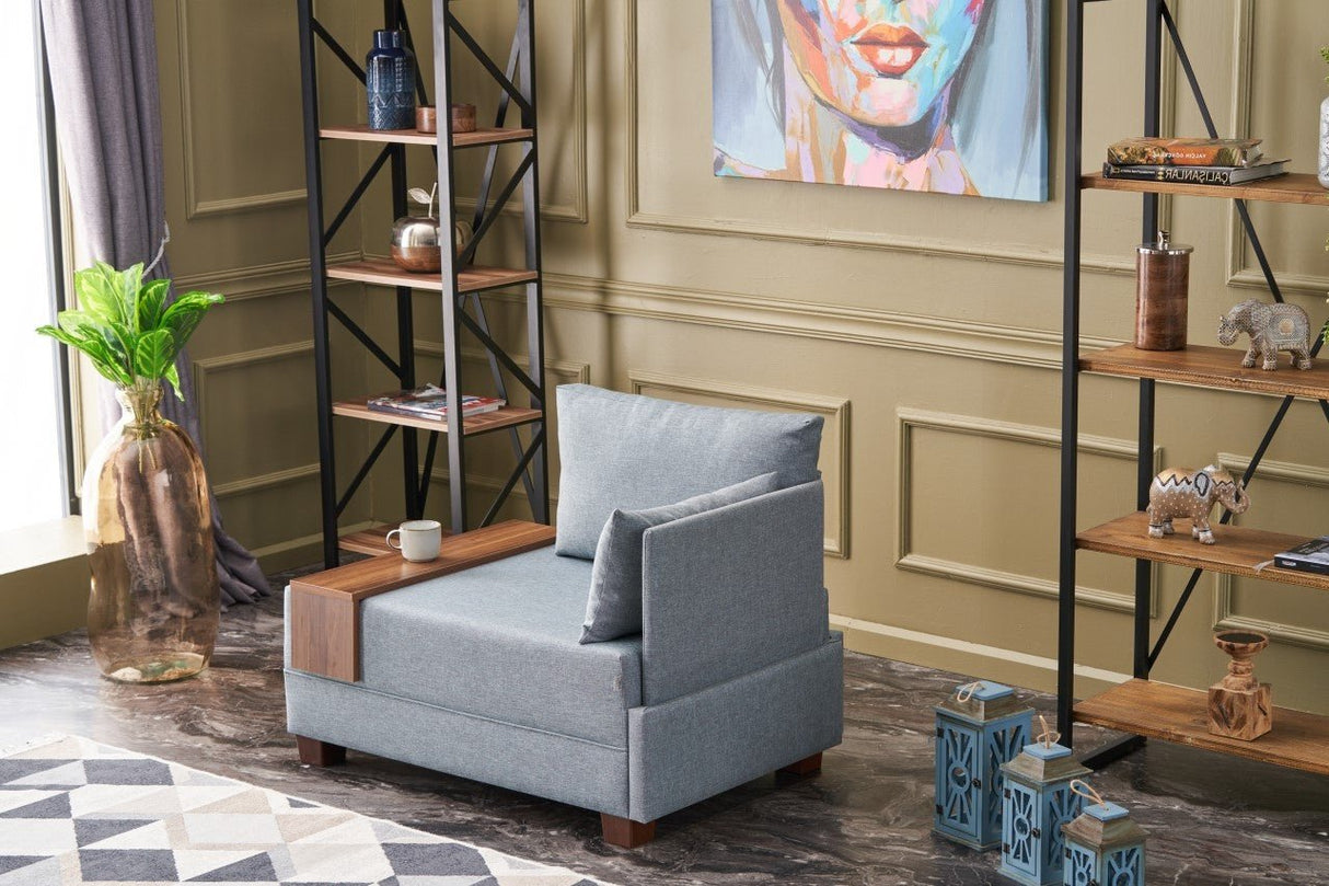 Sillón Moderno De Tela Azul Fly - Derecha - Con Mesa De Madera