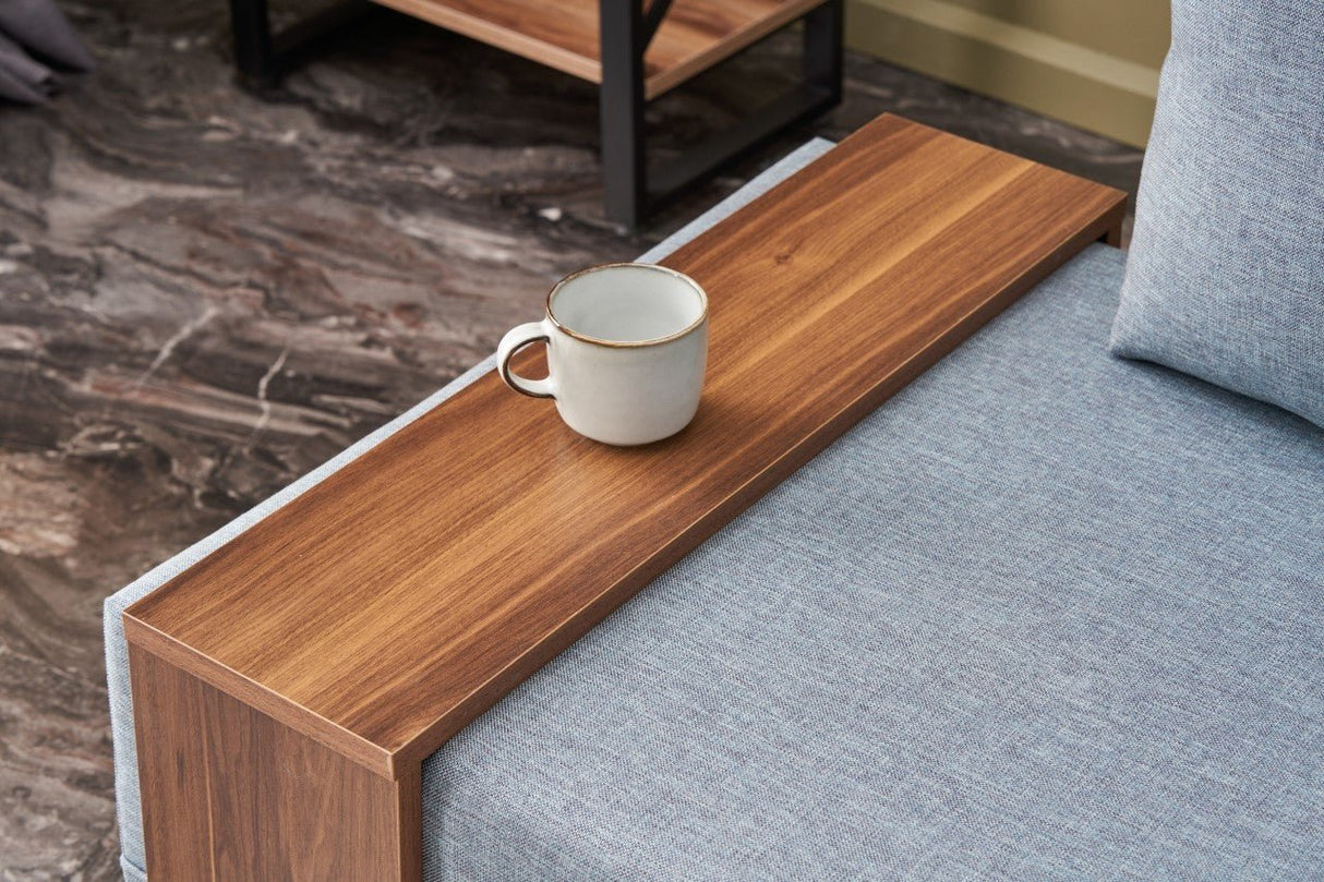 Sillón Moderno De Tela Azul Fly - Derecha - Con Mesa De Madera