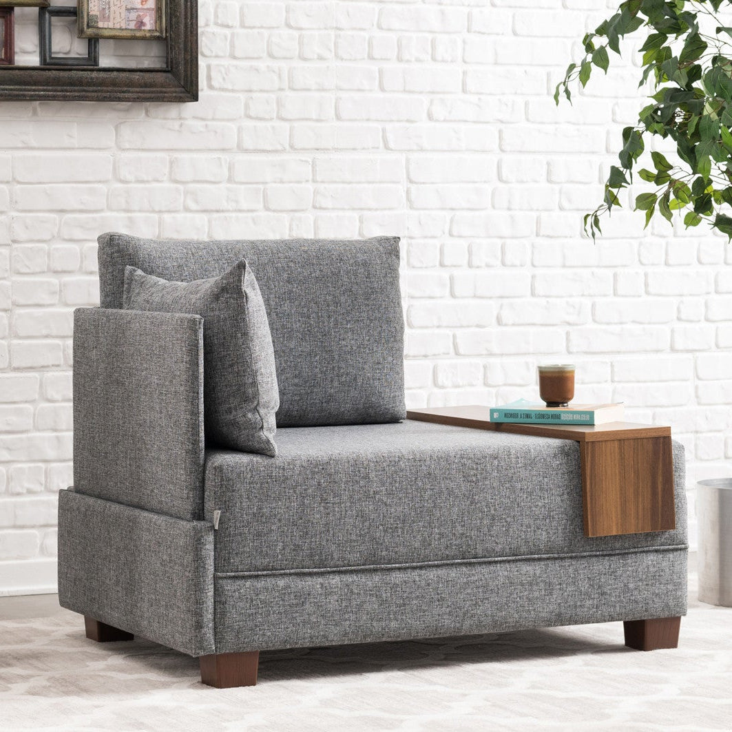 Sillón Moderno Tela Gris Fly - Izquierdo - Con Mesa De Madera