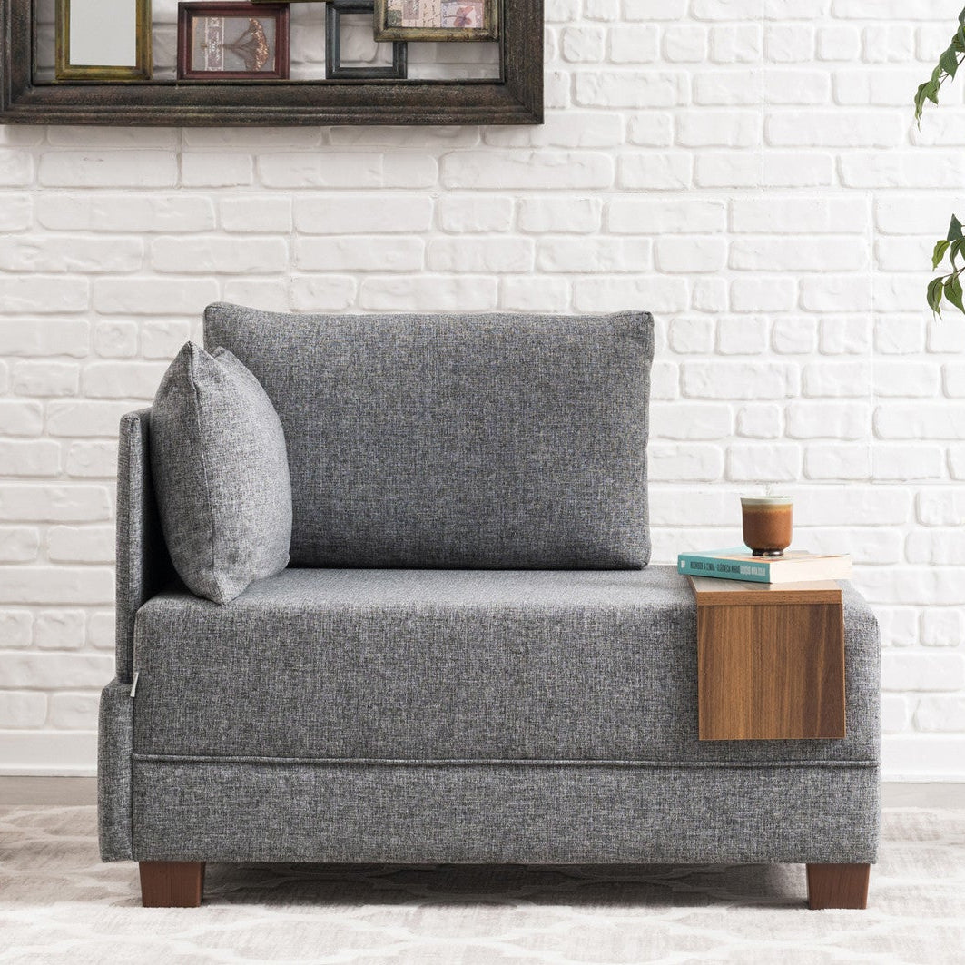 Sillón Moderno Tela Gris Fly - Izquierdo - Con Mesa De Madera