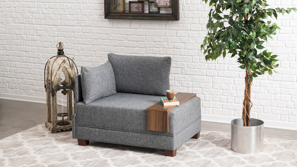 Sillón Moderno Tela Gris Fly - Izquierdo - Con Mesa De Madera