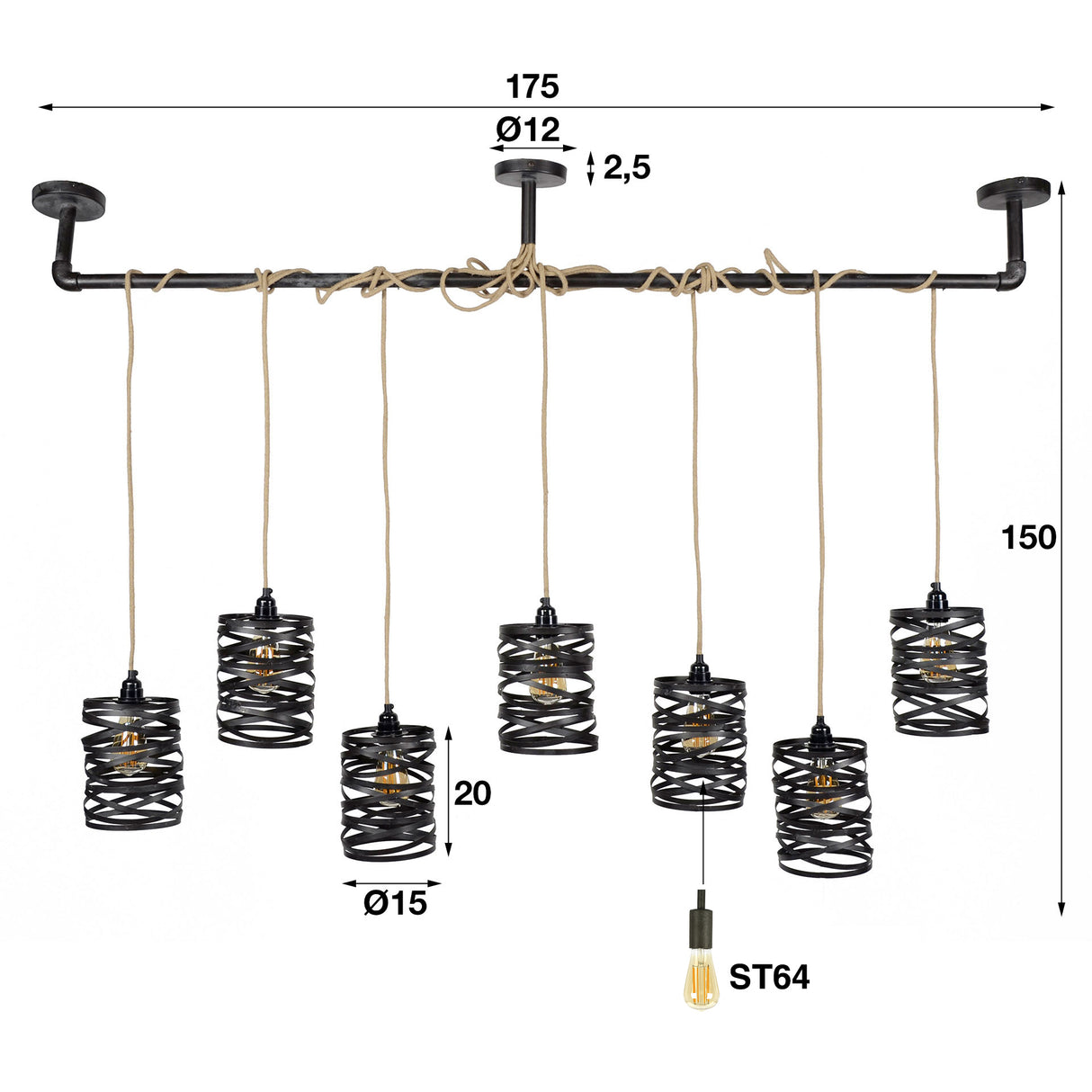Lámpara de colgación industrial Twist Metal 7 luces
