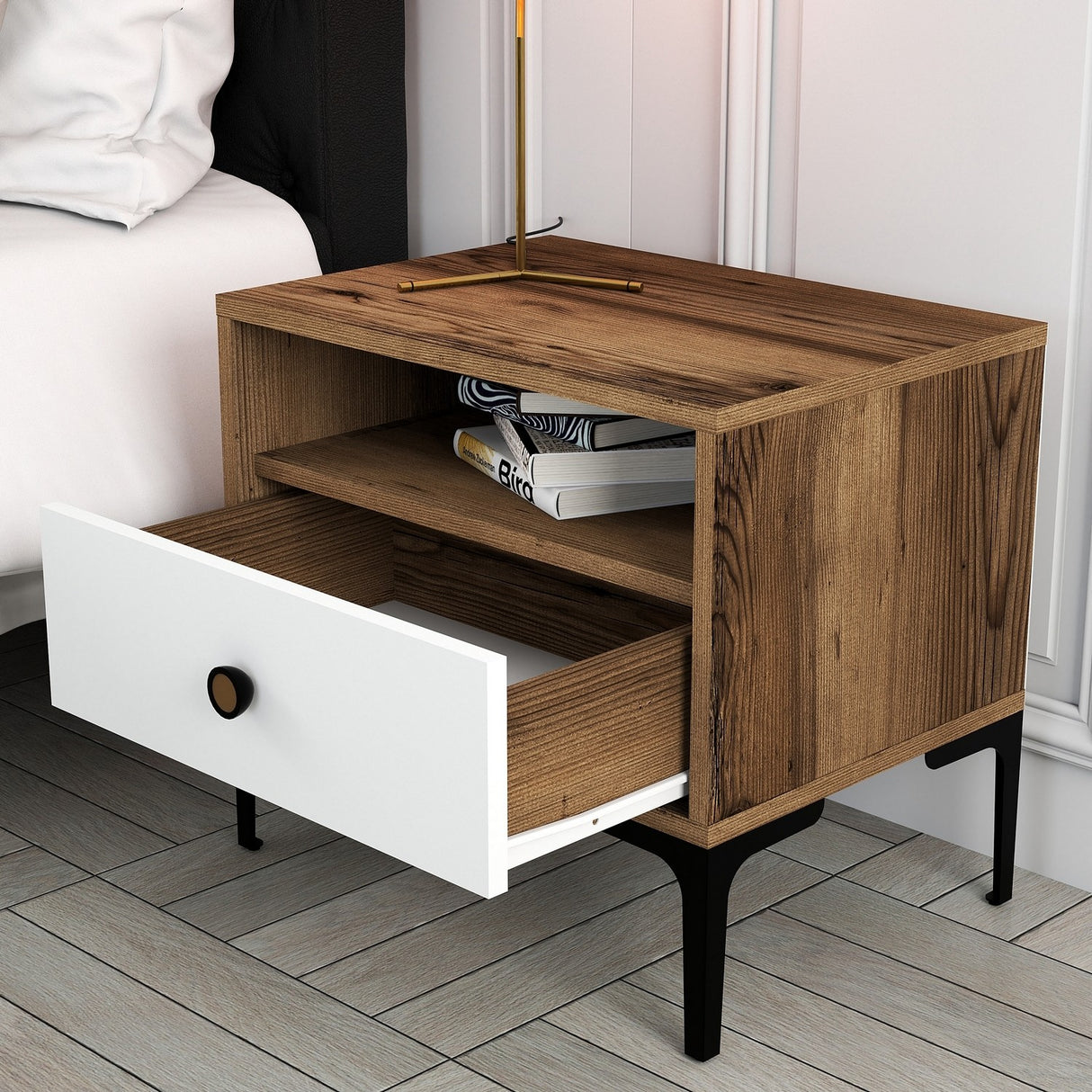 Nachtkastjes - Nachtkastje Lizbon Walnoot Wit Melamine 56x50,8x40 cm - Dimehouse