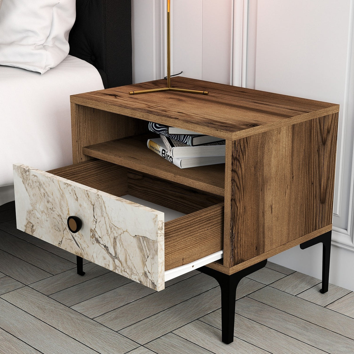 Nachtkastjes - Nachtkastje Lizbon Walnoot Wit Marmer Melamine 56x50,8x40 cm - Dimehouse