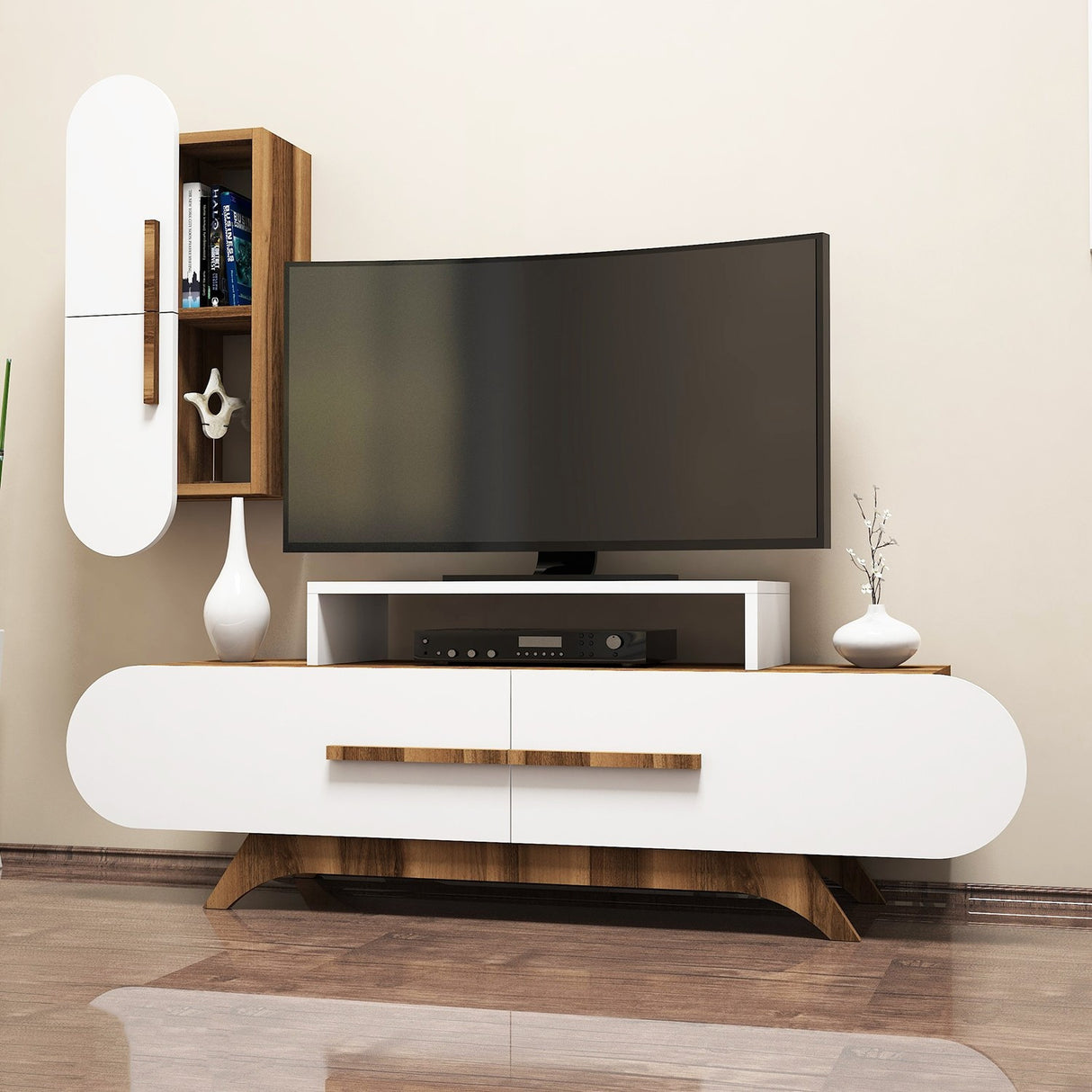 TV Meubels - TV Meubel Set Rose Walnoot Wit Melamine 145x49,8x36,8 cm - Dimehouse