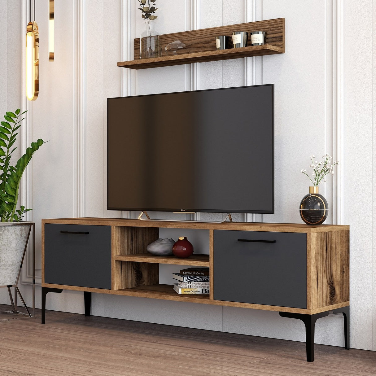 Juego de muebles de TV Riga Novia Antracita Melamina 140x48x30 cm
