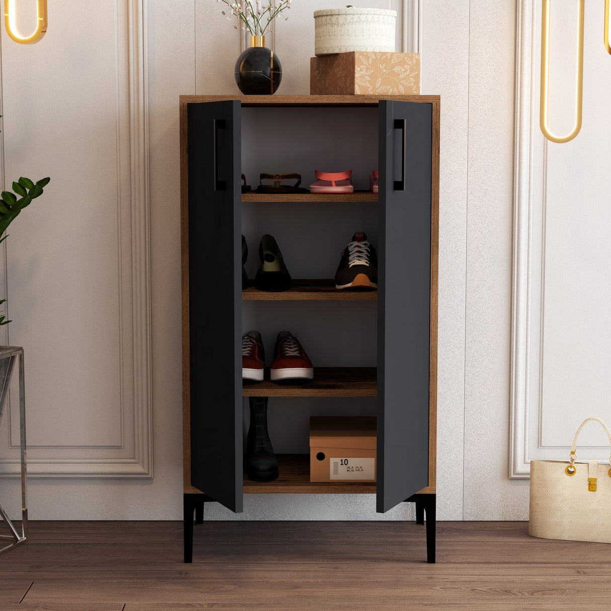 Schoenenkasten - Schoenenkast Prag Walnoot Antraciet Melamine 60x111x35 cm - Dimehouse