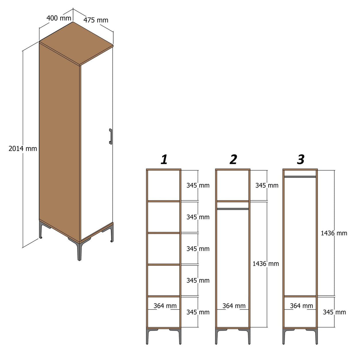 Kledingkasten - Kledingkast Kumual P Walnoot Antraciet Melamine 40x47,5x201,4 cm - Dimehouse