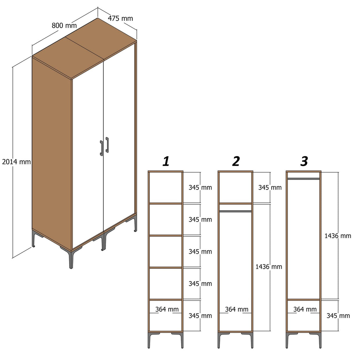 Kledingkasten - Kledingkast Kumsal RS Walnoot Wit Melamine 80x47,5x201,4 cm - Dimehouse