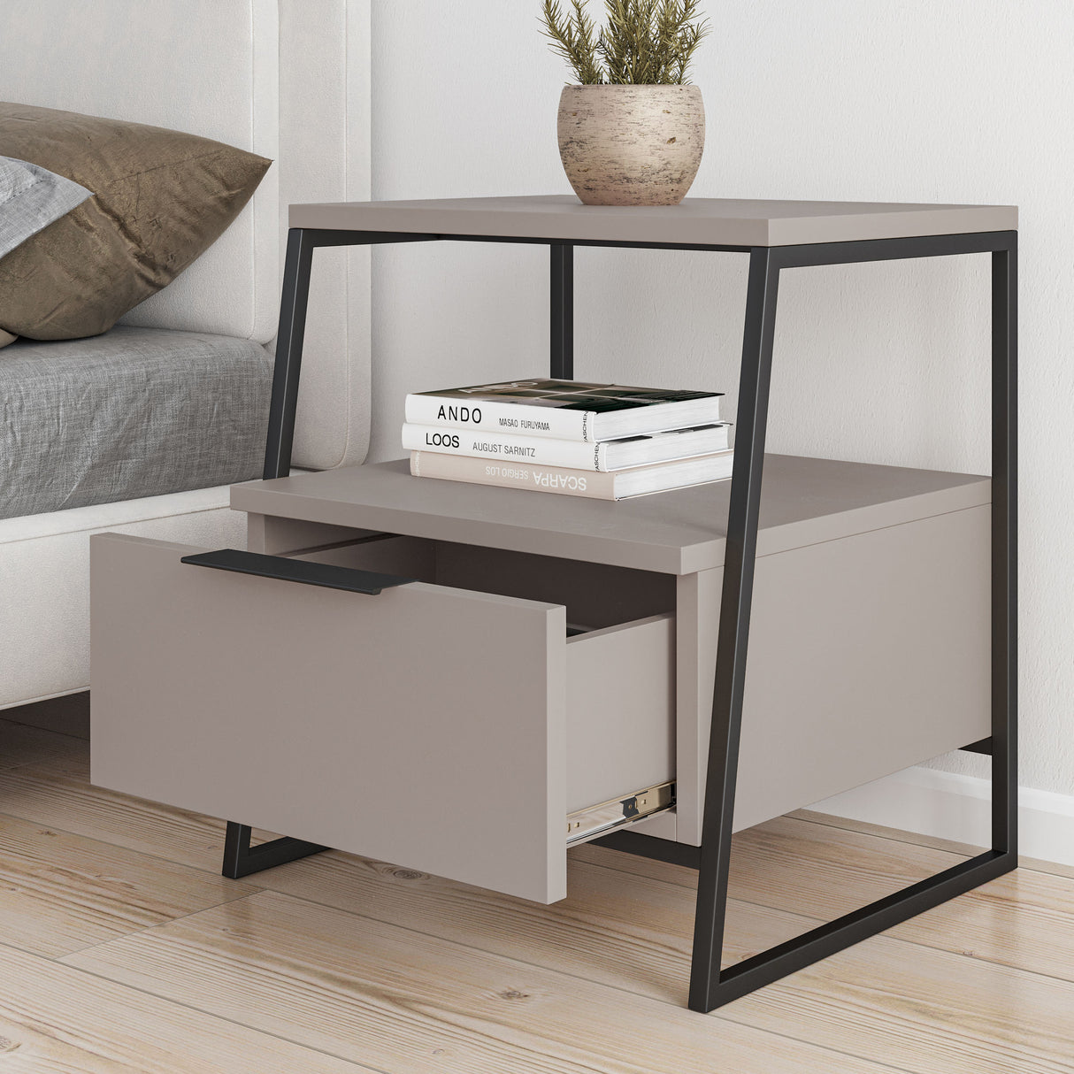 Nachtkastjes - Nachtkastje Pal Mokka Zwart Melamine 45x50x41 cm - Dimehouse