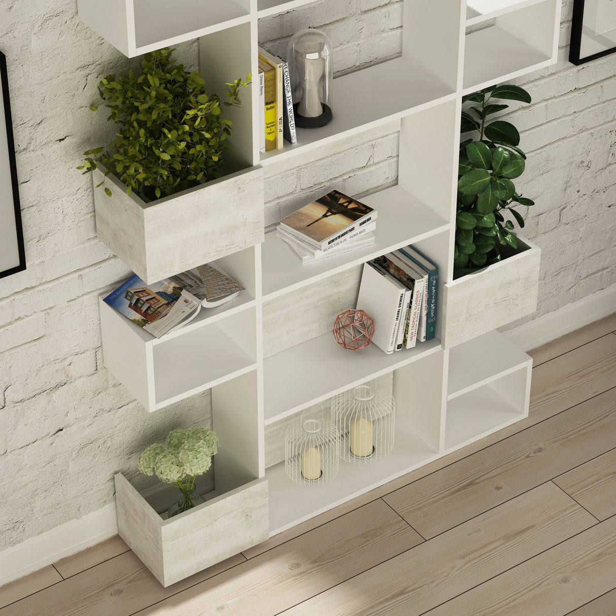 Boekenkasten - Moderne boekenkast met asymmetrische vakken wit melamine Niho 120x171x20 cm - Dimehouse