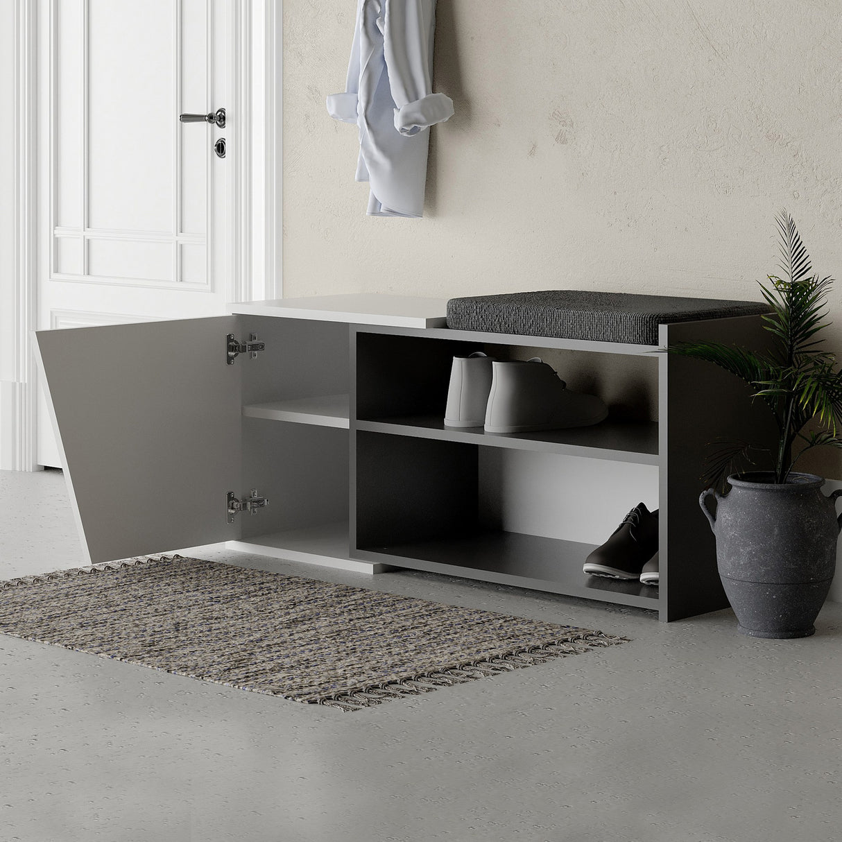 Schoenenkasten - Schoenenkast Fiona Bench Antraciet Wit Melamine 104,6x47,2x37,5 cm - Dimehouse