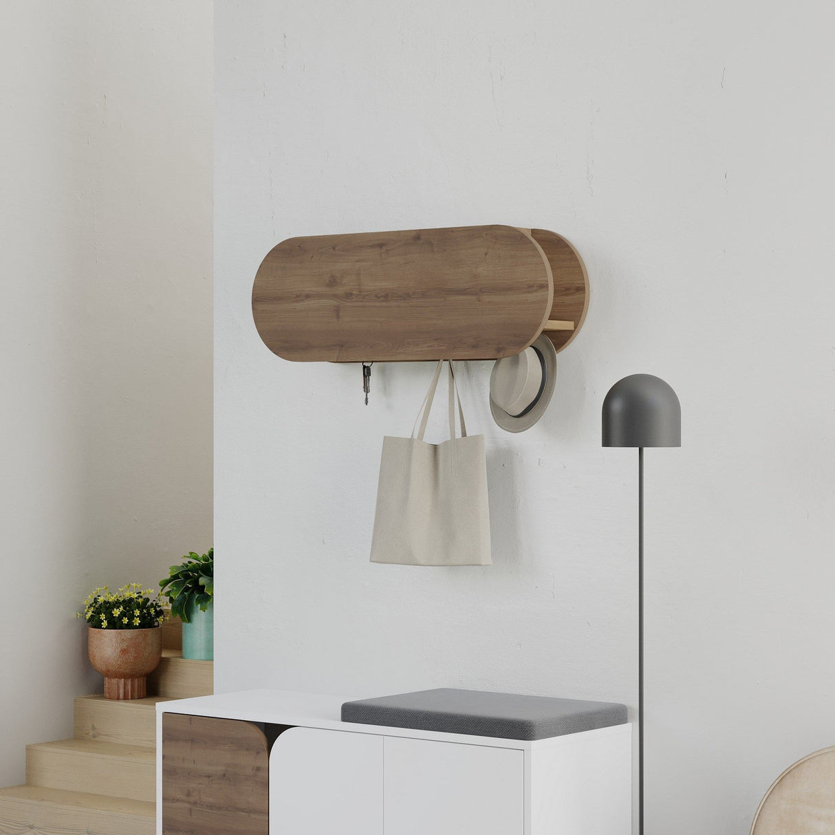 Perchero Ovalado 6 Ganchos - Hitit - 84x29 cm - Con Compartimento