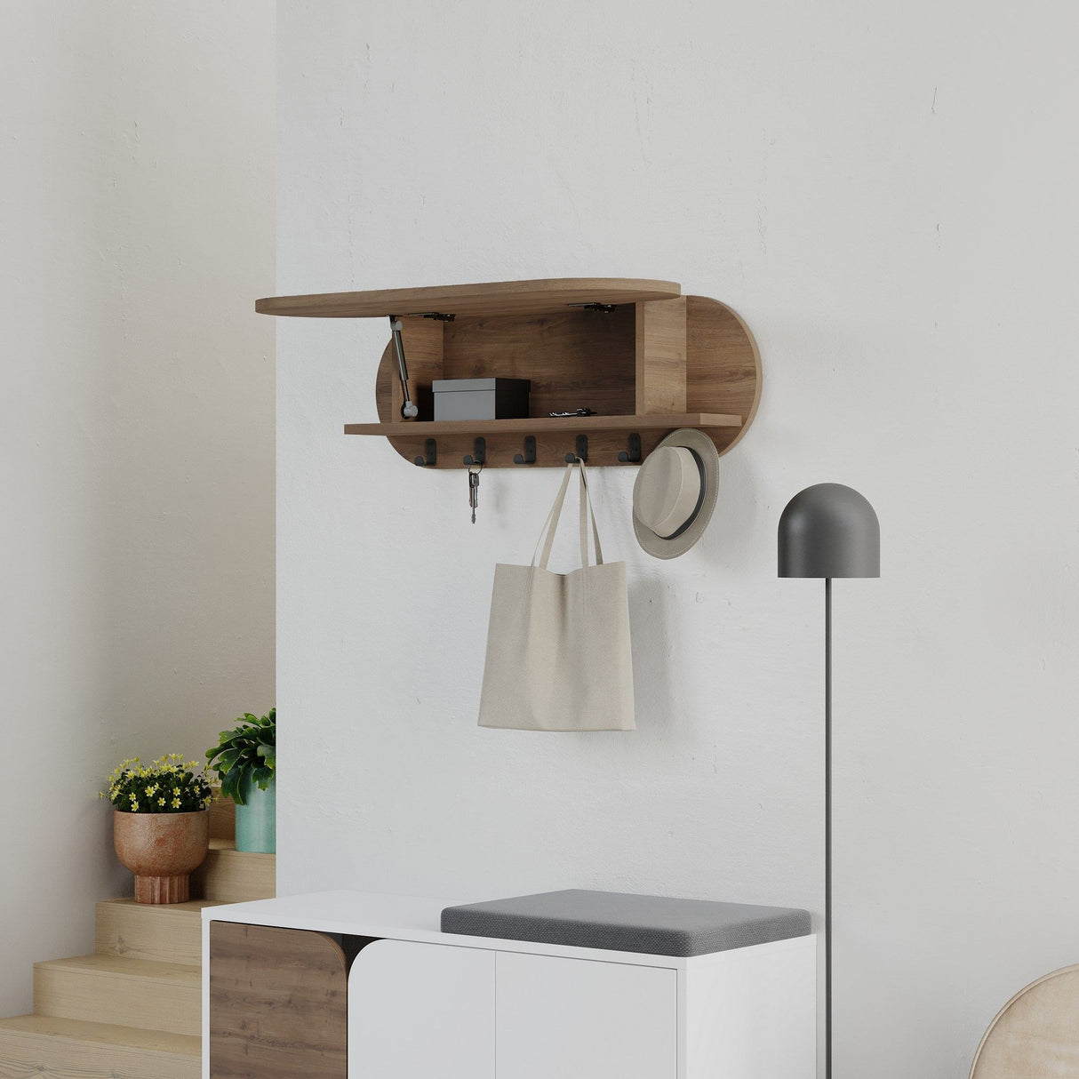 Perchero Ovalado 6 Ganchos - Hitit - 84x29 cm - Con Compartimento