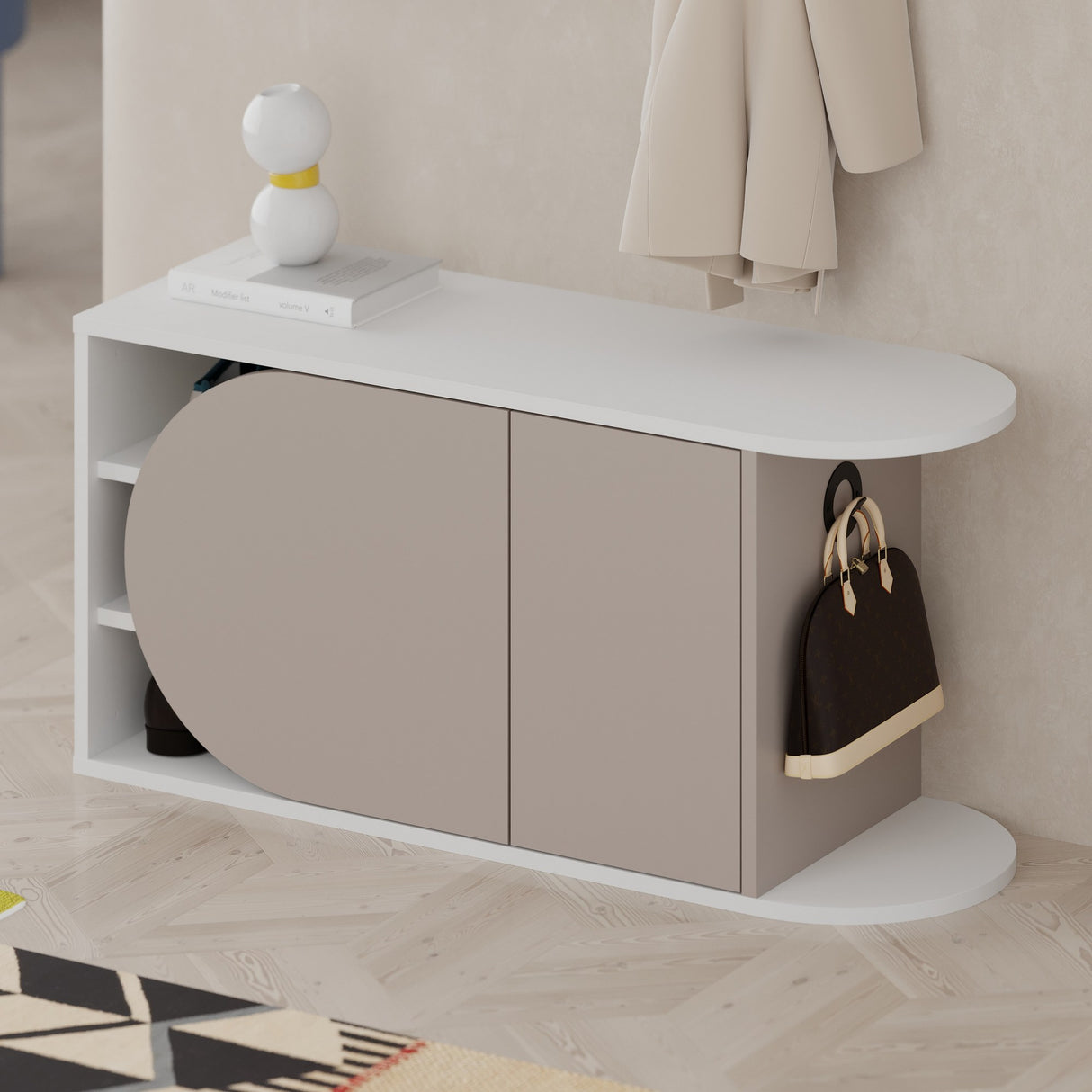 Schoenenkasten - Schoenenkast Nova Shoe Bench Mokka Wit Melamine 104x50x37 cm - Dimehouse