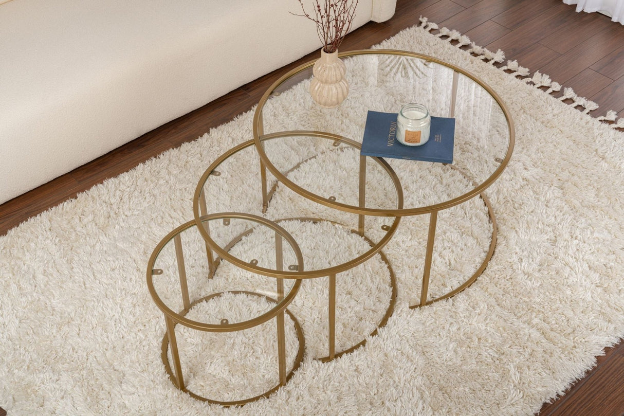 Salontafels - Moderne Ronde Salontafel Set van 3 Uru Goud - Transparant Glas - 80/60/42 cm - Dimehouse