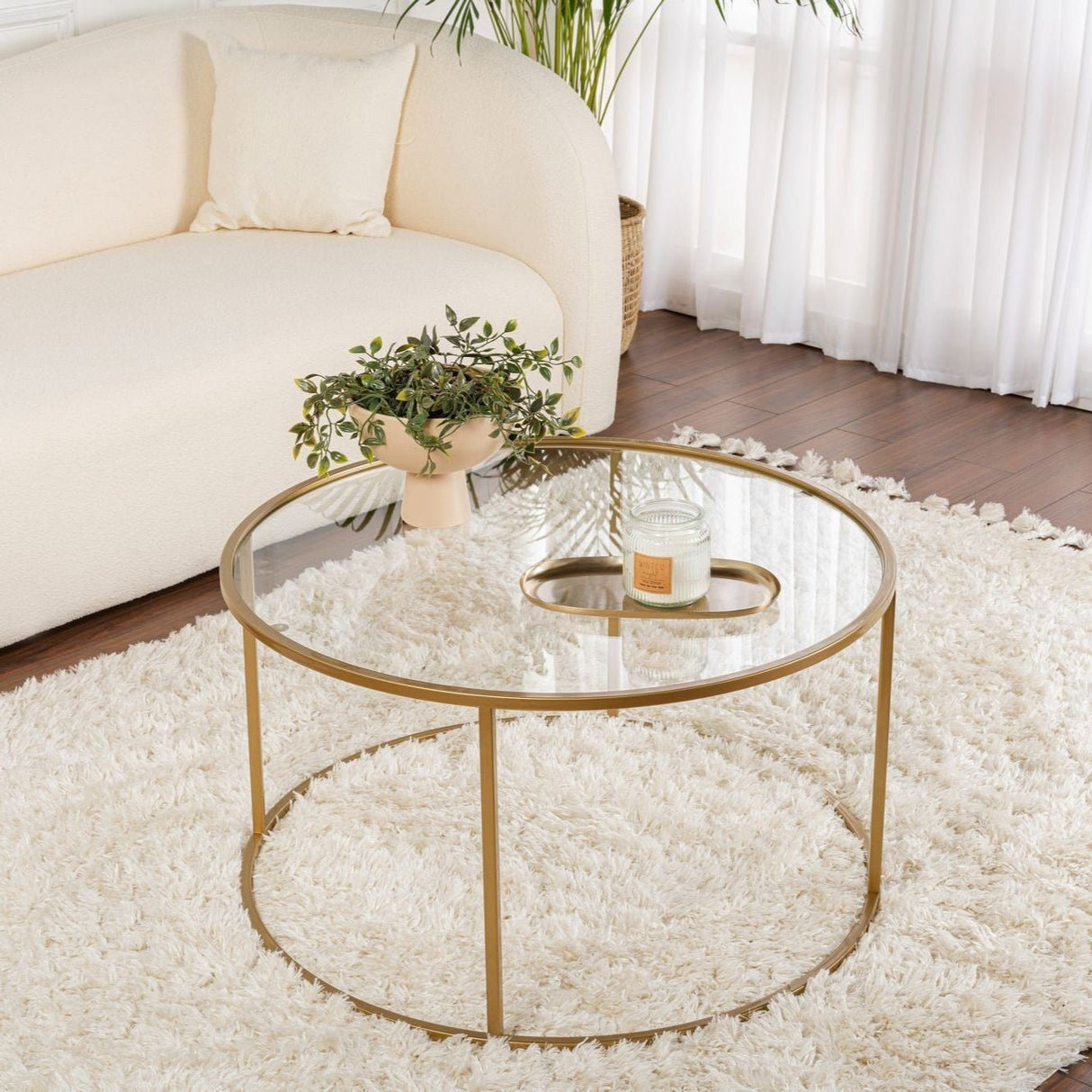 Salontafels - Moderne Ronde Salontafel Uru Goud - Glas - 80 cm - Dimehouse