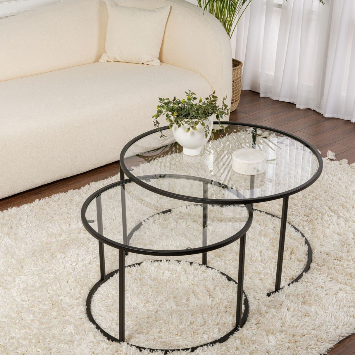 Salontafels - Moderne Ronde Salontafel Set van 2 Uru Zwart - Transparant Glas - 80/60 cm - Dimehouse