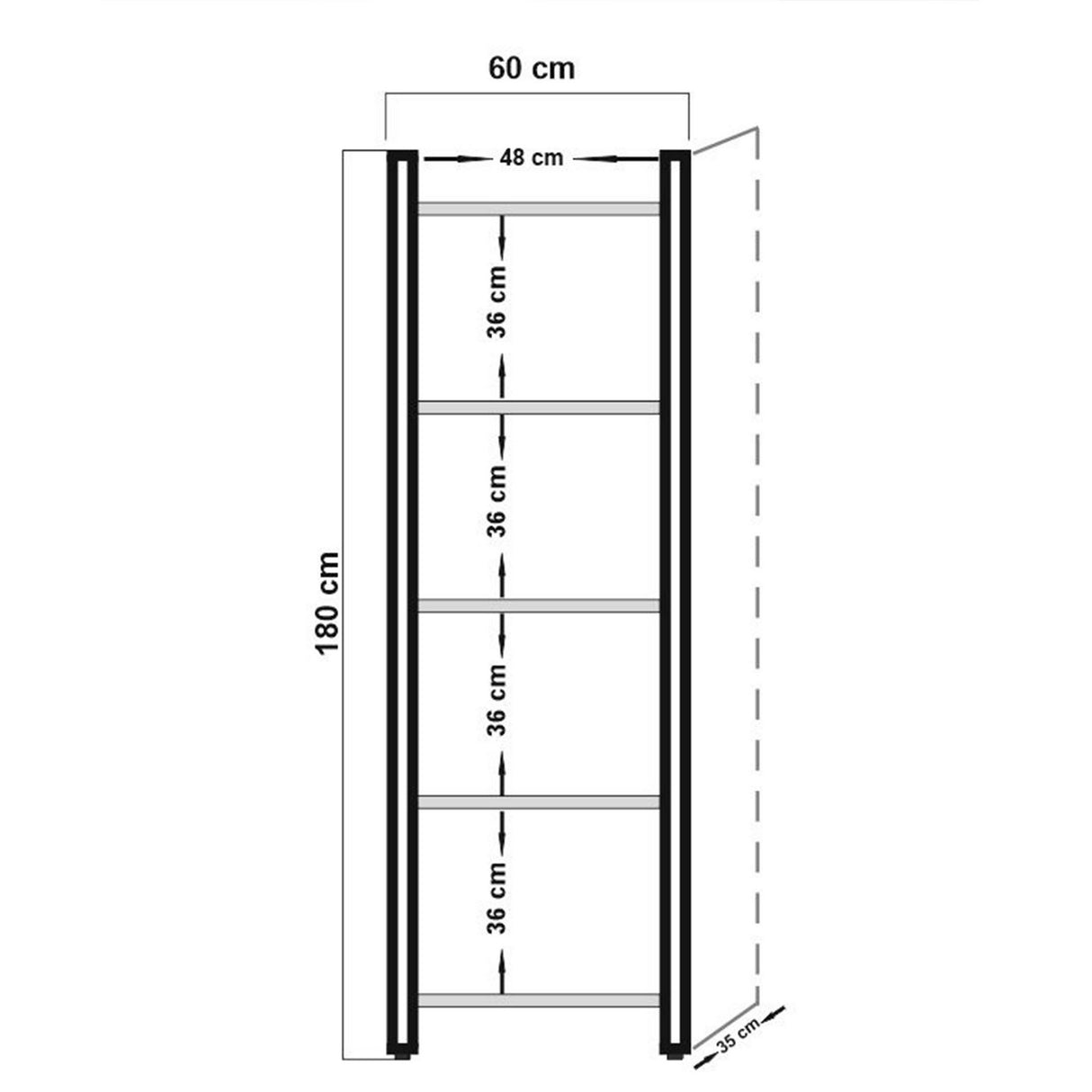 Boekenkasten - Industriële boekenkast dennenhout melamine zwart metaal Cosmo 60x180x35 cm - Dimehouse