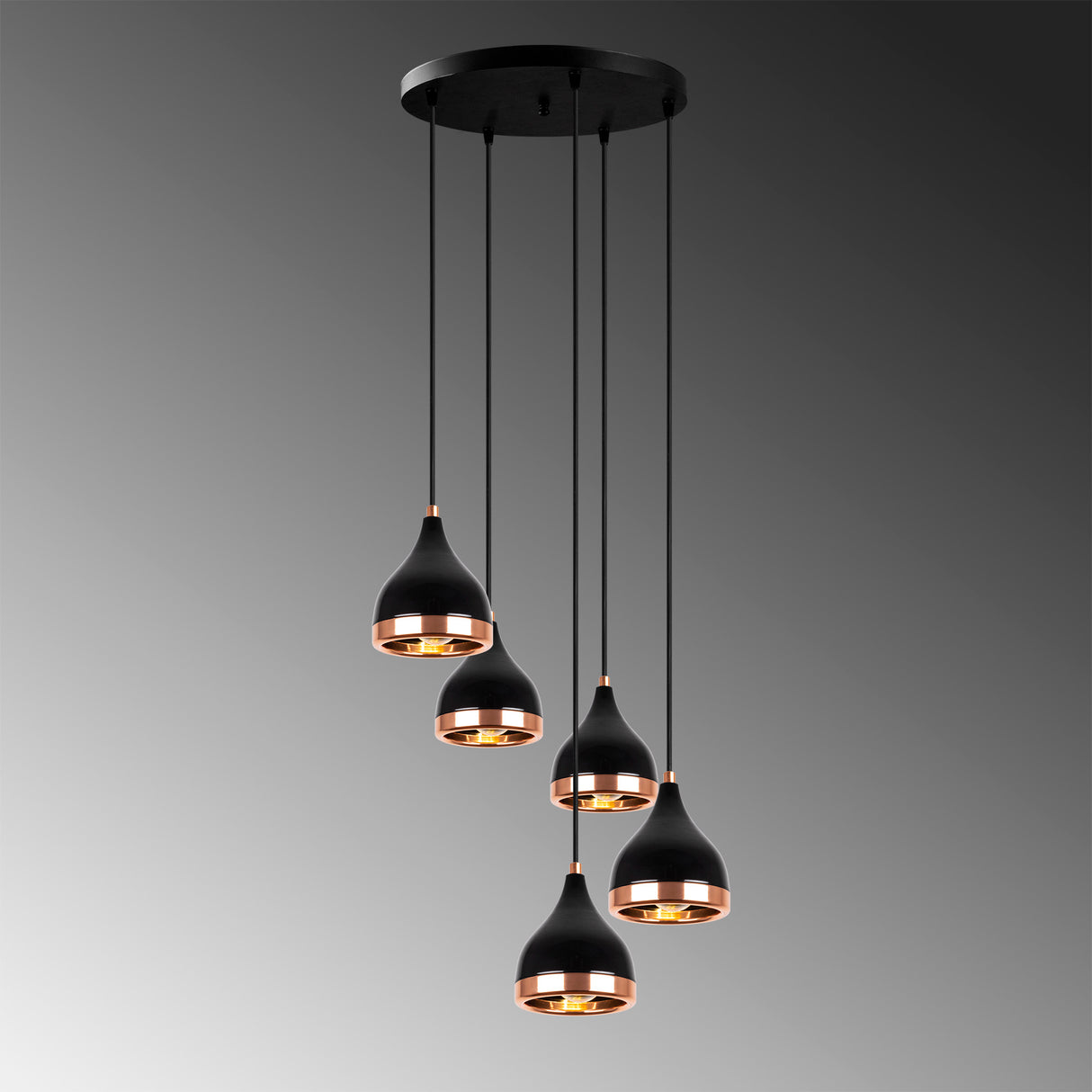Lámpara colgante de 5 luces en negro y cobre, metal con agarre