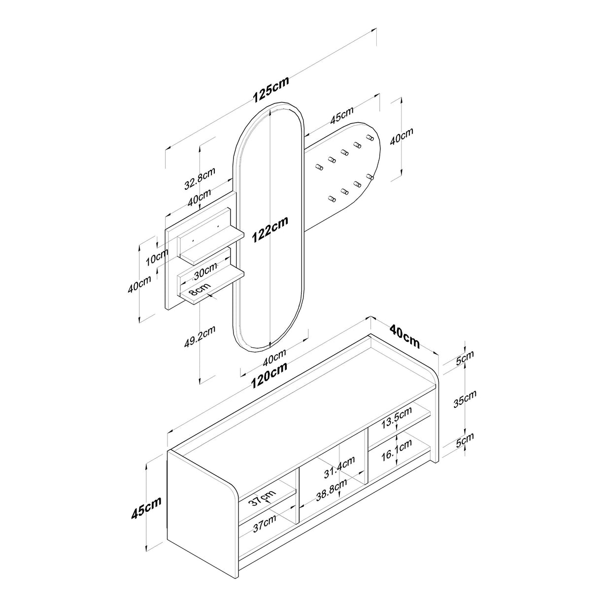 Conjunto de muebles Perchero - Espejo - Zapatero - Melamina Blanco-Nogal