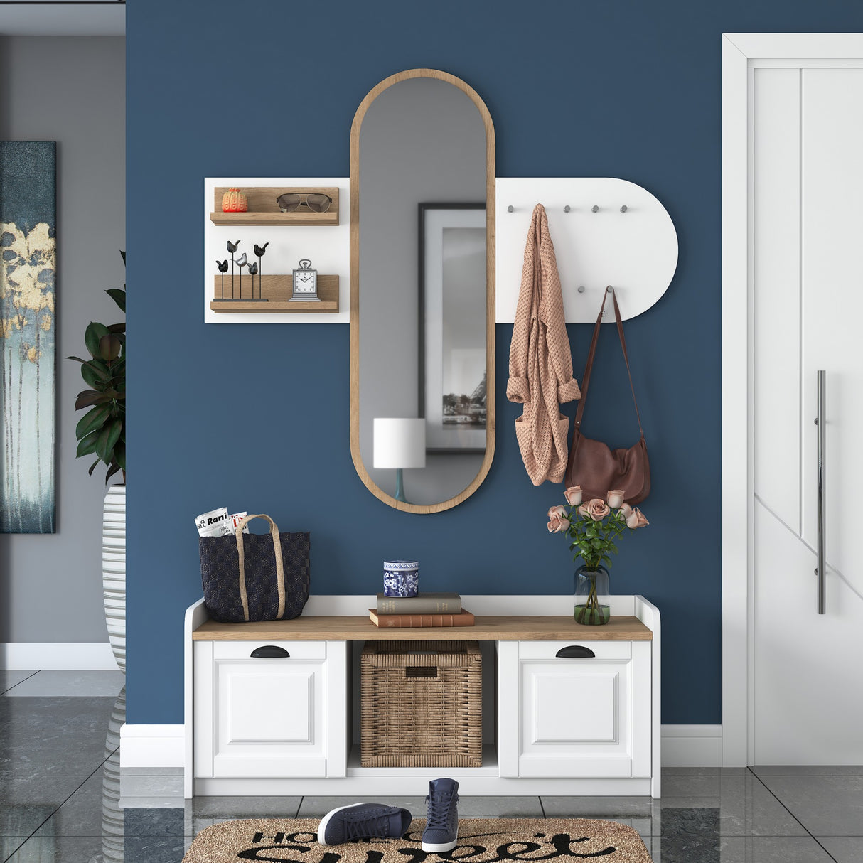 Conjunto de muebles Perchero - Espejo - Zapatero - Melamina Blanco-Nogal