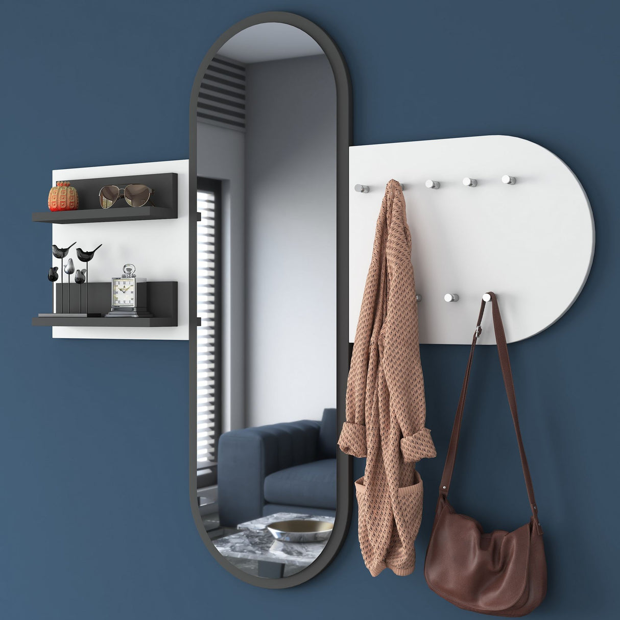 Perchero Blanco de Melamina 9 Ganchos - Con Espejo - Dos Estanterías