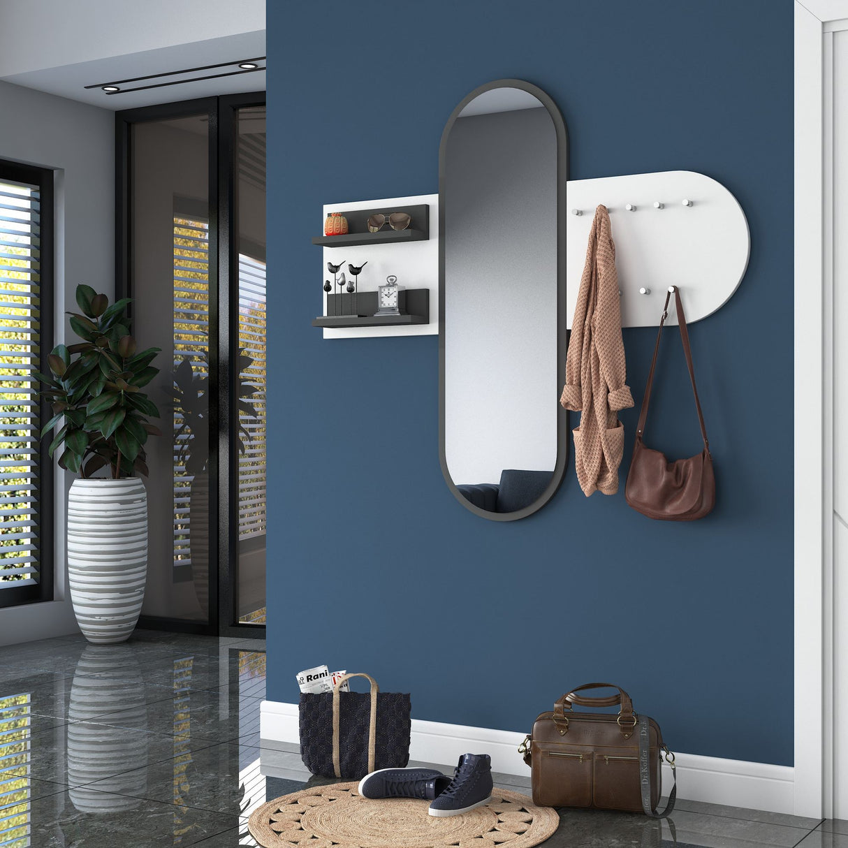 Perchero Blanco de Melamina 9 Ganchos - Con Espejo - Dos Estanterías