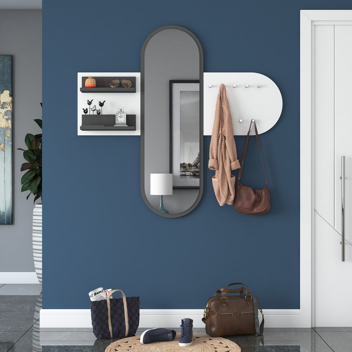 Perchero Blanco de Melamina 9 Ganchos - Con Espejo - Dos Estanterías