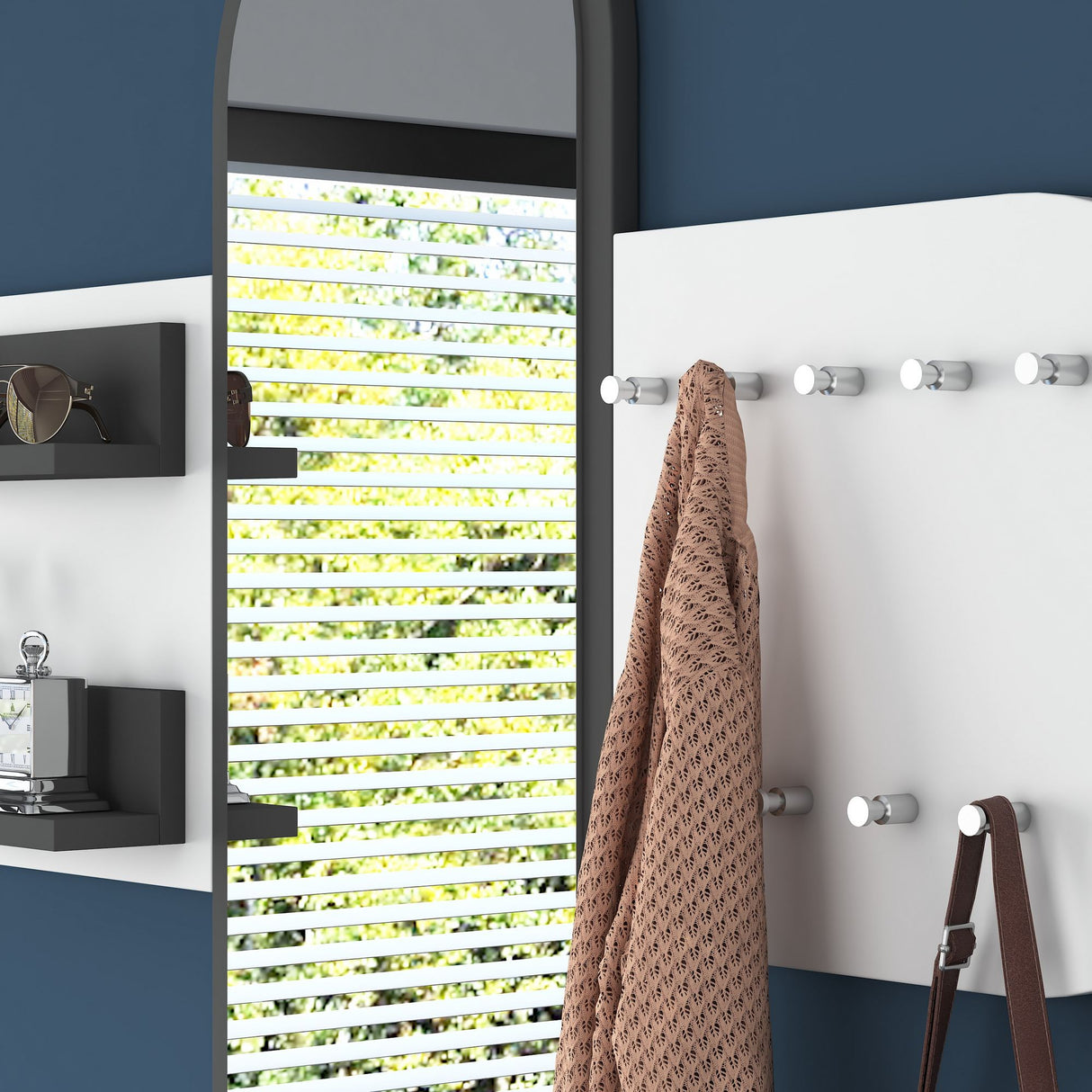 Perchero Blanco de Melamina 9 Ganchos - Con Espejo - Dos Estanterías