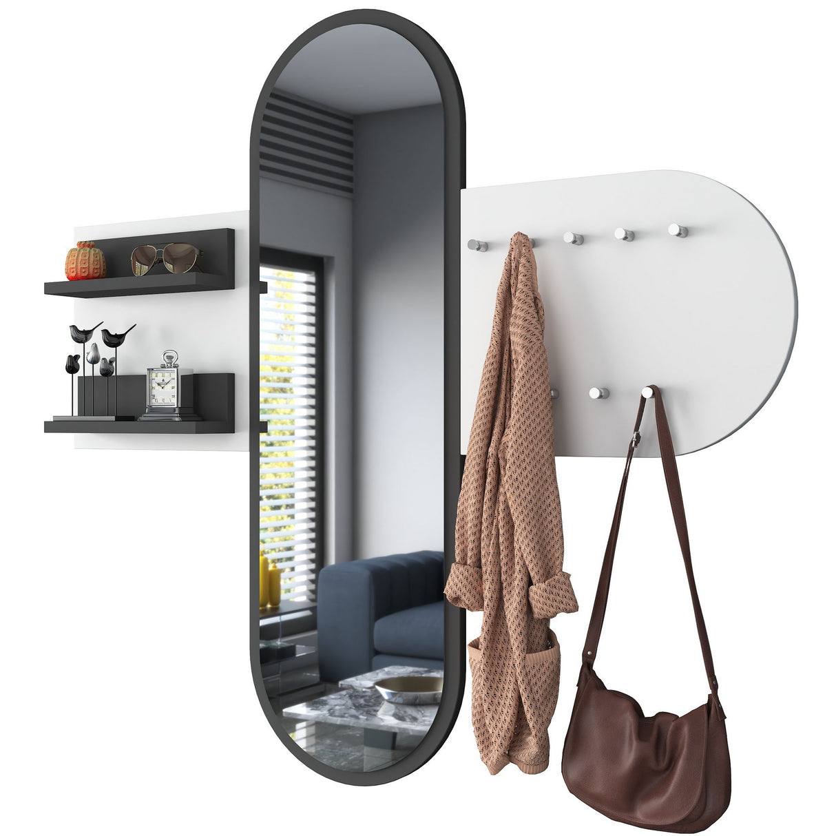 Perchero Blanco de Melamina 9 Ganchos - Con Espejo - Dos Estanterías