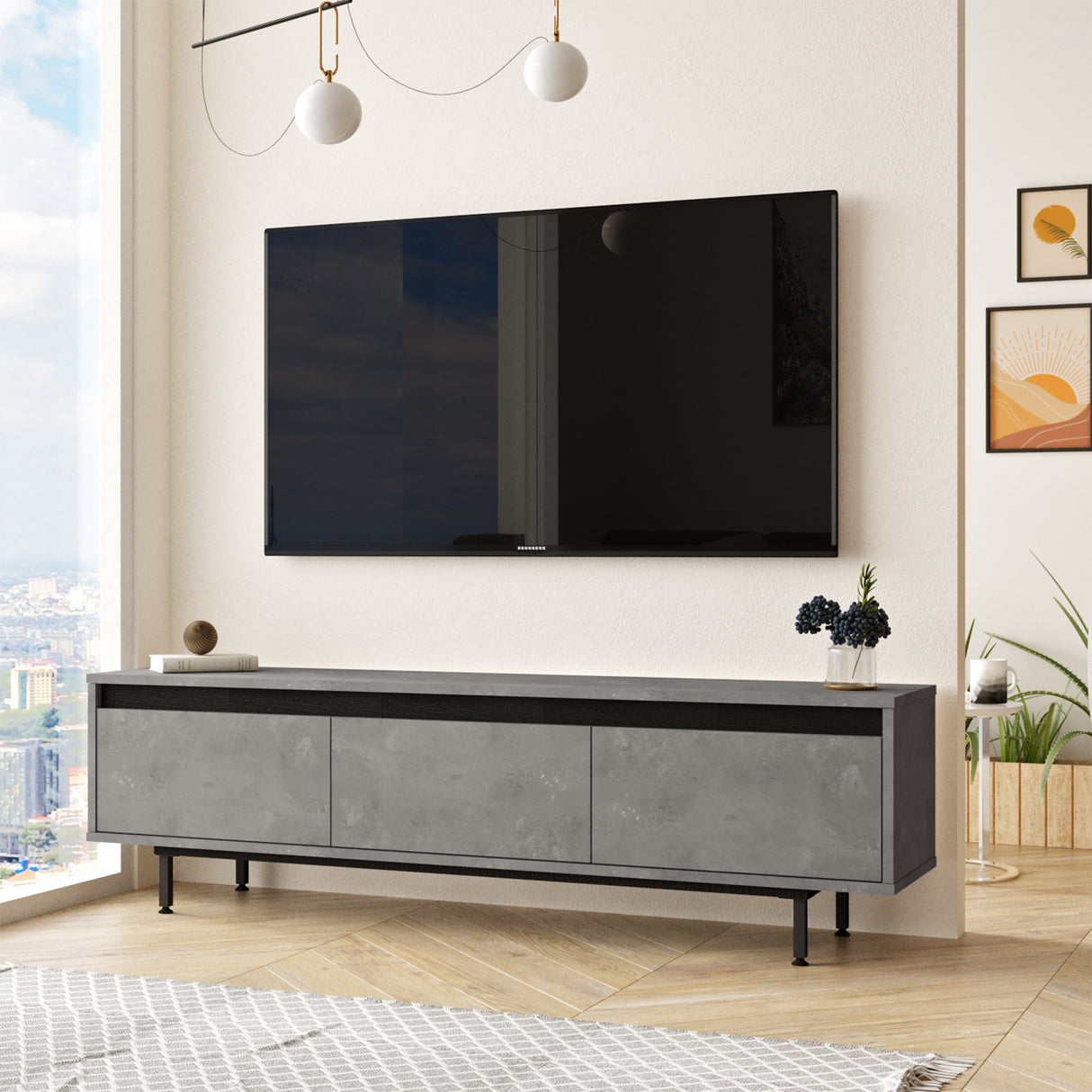 TV Meubels - TV Meubel Maya Zilver Zwart Melamine 160x45,2x35,5 cm - Dimehouse