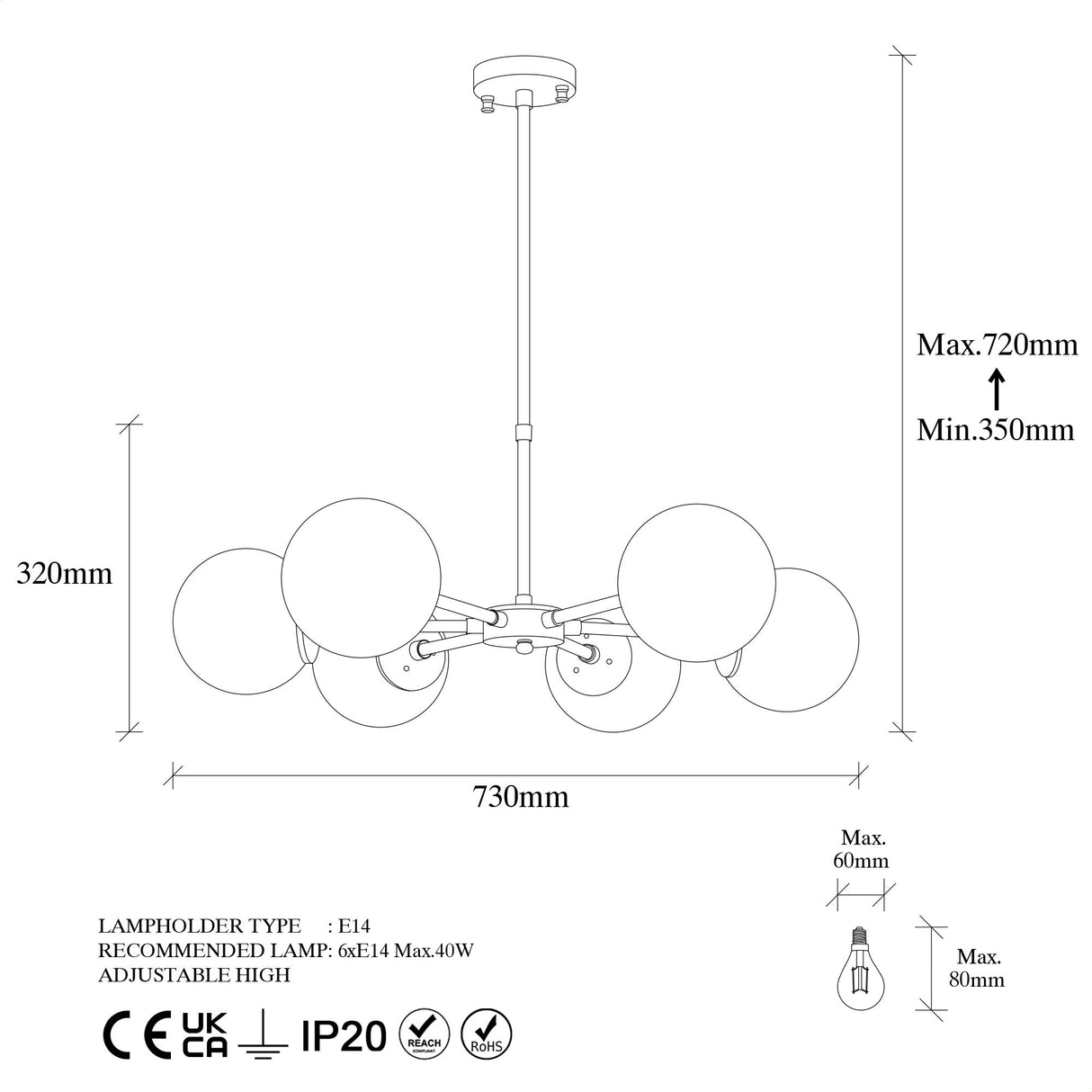 Lámpara colgante de 6 luces en color bronce con pantalla blanca de metal Flint
